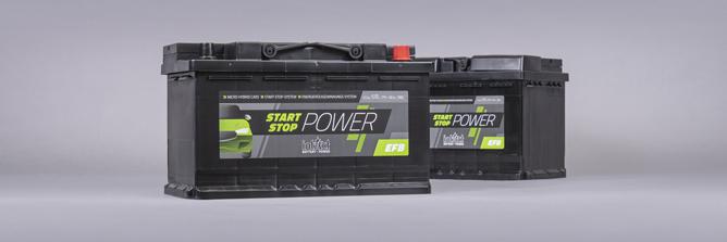 Das Bild zeigt zwei schwarze Batteriekästen mit der Aufschrift intAct Start-Stop-Power EFB