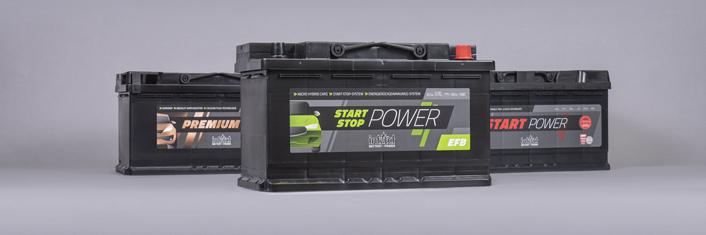 Das Bild zeigt drei schwarze Starterbatterien mit der Aufschrift, Premium-Power, Start-Stop-Power EFB und Start-Power