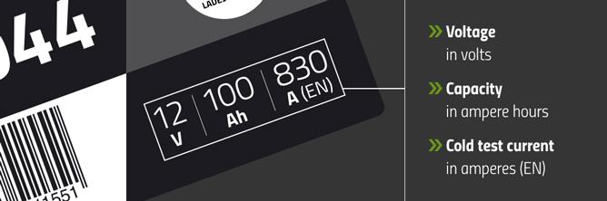 The image shows a section of a car battery cover label on which the information on voltage in volts, capacity in ampere hours and cold test current in amperes (EN) is highlighted