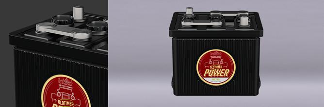 Das Bild zeigt eine schwarze Starterbatterie mit der Aufschrift Oldtimer-Power, Details des Batteriekastens in Hartgummioptik werden auf der linken Seite des Bildes vergößert dargestellt