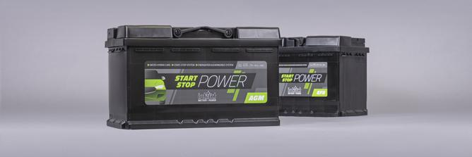 Das Bild zeigt zwei schwarze Starterbatterien mit der Start-Stop-Power