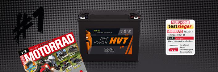 Das Bild zeigt eine Batterie mit der Aufschrift Bike-Power HVT. Rechts daneben wird eine Plakette dargestellt, die die Batterie als Testsieger auszeichnet.