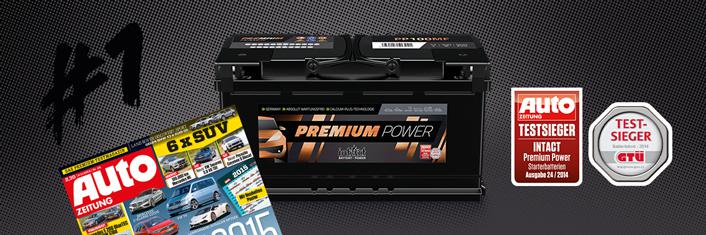 Das Bild zeigt eine Batterie mit der Aufschrift Premium-Power. Rechts daneben werden zwei Plaketten dargestellt, die die Batterie als Testsieger auszeichnen.