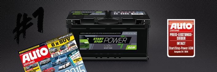 Das Bild zeigt eine Batterie mit der Aufschrift Start-Stop-Power. Rechts daneben wird eine Plakette dargestellt, die die Batterie als Preis-Leistungs-Sieger auszeichnet.