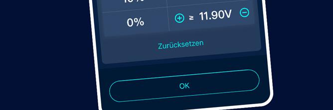 Die Grafik zeigt das bestätigen bzw. das zurücksetzen von benutzerdefinierten Werten in der Battery-Guard Check App.