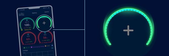 The image shows a graphic in which the addition of a new device in the Battery-Guard app is shown.