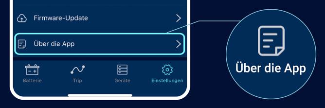 Die Grafik zeigt den Bereich "Über die App" in der intAct Battery Check App.