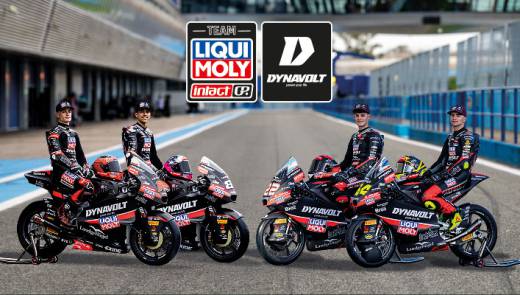 Das Bild zeigt die aktuellen Moto2 + Moto3-Fahrer vom intact GP-Team.