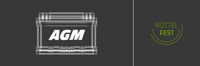 Das Bild zeigt eine Grafik einer Batterie, die unter Vibration steht. Auf der Batterie steht der Begriff "AGM". Beschrieben wird das Motiv mit dem Wort "rüttelfest".