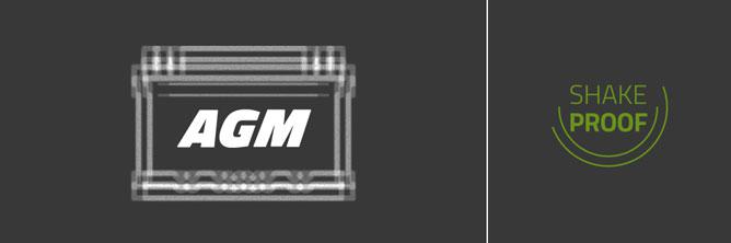 The picture shows a graphic of a battery that is under vibration. The term "AGM" is written on the battery. The motif is described with the word "shake-proof".