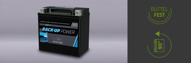 Das Bild zeigt eine Batterie mit der Aufschrift intAct BackUp-Power. Rechts daneben werden zwei Icons gezeigt: "rüttelfest" und "90°