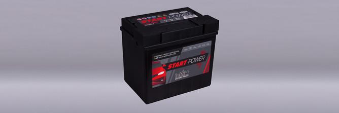 Das Bild zeigt einen schwarzen Batteriekasten für den Einsatz in Rasentaktoren. Auf der Batterie steht "intAct Start-Power".