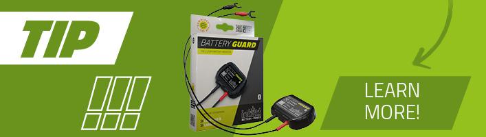 The graphic shows the intAct Battery Guard on a green background. The Battery Guard can be used to monitor batteries.