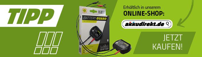 Das Bild zeigt den intAct Battery-Guard mit dem Verkaufshinweis im Online-Shop akkudirekt.