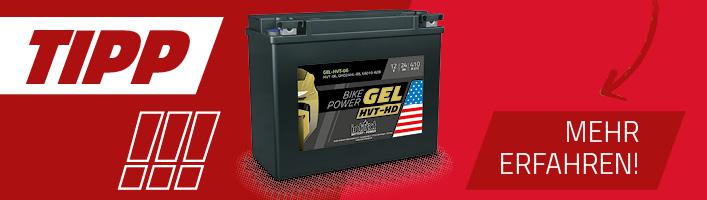 Die Grafik zeigt die intAct Bike-Power GEL HVT-HD Motorradbatterie auf einem roten Hintergrund.