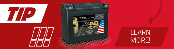 The graphic shows the intAct Bike-Power GEL HVT-HD motorcycle battery on a red background.