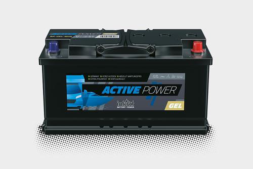 Das Bild zeigt die intAct Active-Power GEL Batterie vor einem grauen Hintergrund.