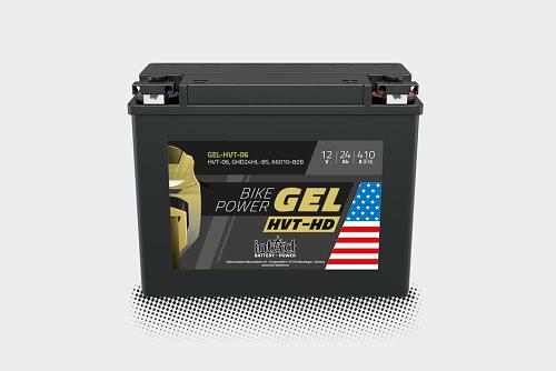 Das Bild zeigt die intAct Bike-Power GEL HVT-HD Batterie auf einem grauen Hintergrund.