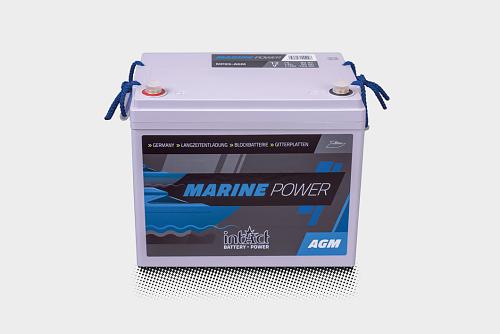 Das Bild zeigt die intAct Marine-Power AGM Batterie vor einem grauen Hintergrund.