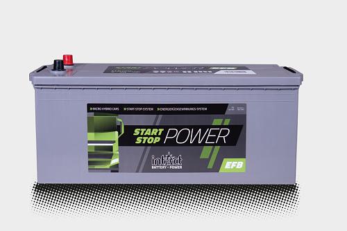 Das Bild zeigt die intAct Start-Stop-Power EFB Truck Batterie vor einem grauen Hintergrund.