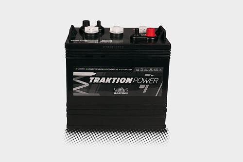 Das Bild zeigt die intAct Traktion-Power Deepcycle Batterie vor einem grauen Hintergrund.