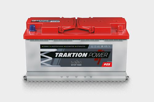 Das Bild zeigt die intAct Traktion-Power PZS Batterie vor einem grauen Hintergrund.