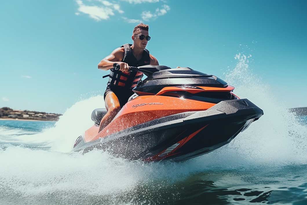 Teaserbild Einsatzgebiet Jetski-Batterien Ein junger Mann fährt mit einem Jetski im offenen Meer.