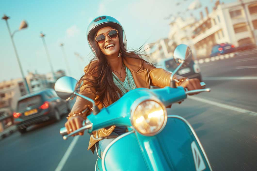Teaserbild – Einsatzgebiet Rollerbatterien Das Bild zeigt eine junge Frau auf ihrem blauen Motorroller.