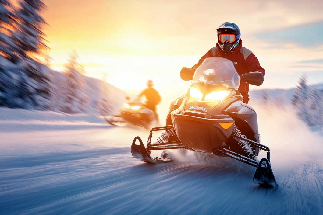 Teaserbild Einsatzgebiet Skidoo-Batterien Das Bild zeigt ein Snowmobil welches rasant durch die sonnige, verschneite Winterlandschaft fährt.