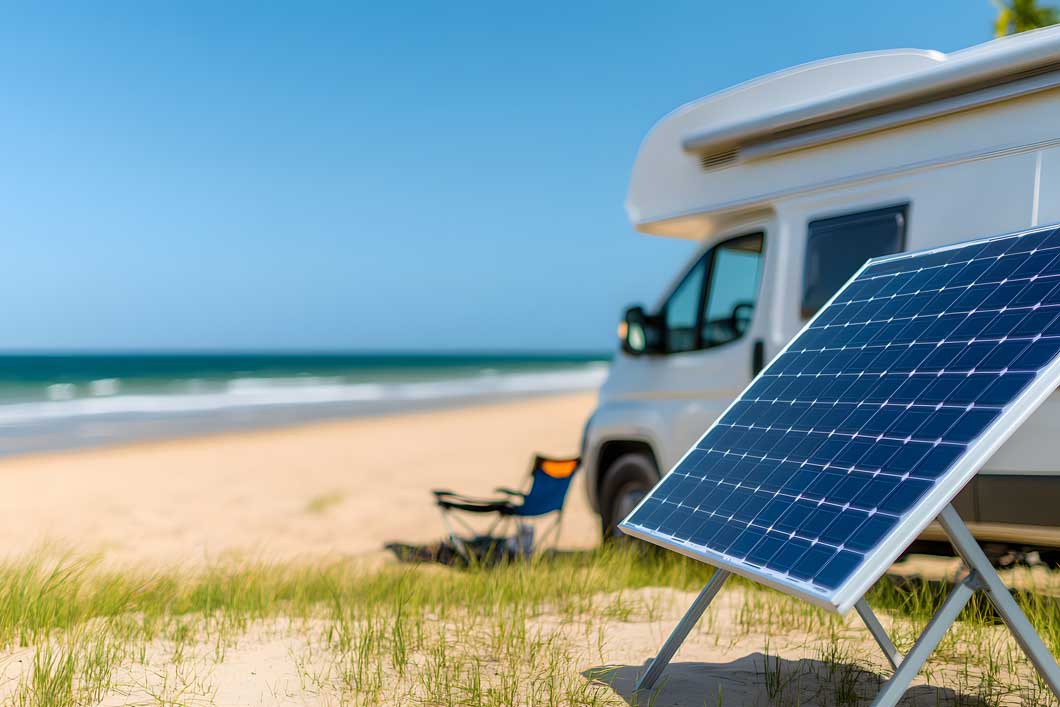 Teaserbild – Einsatzgebiet Solar-Batterien Das Bild zeigt ein Solarmodul, welches vor einem Wohnmobil bei Sonnenschein am Meer steht.