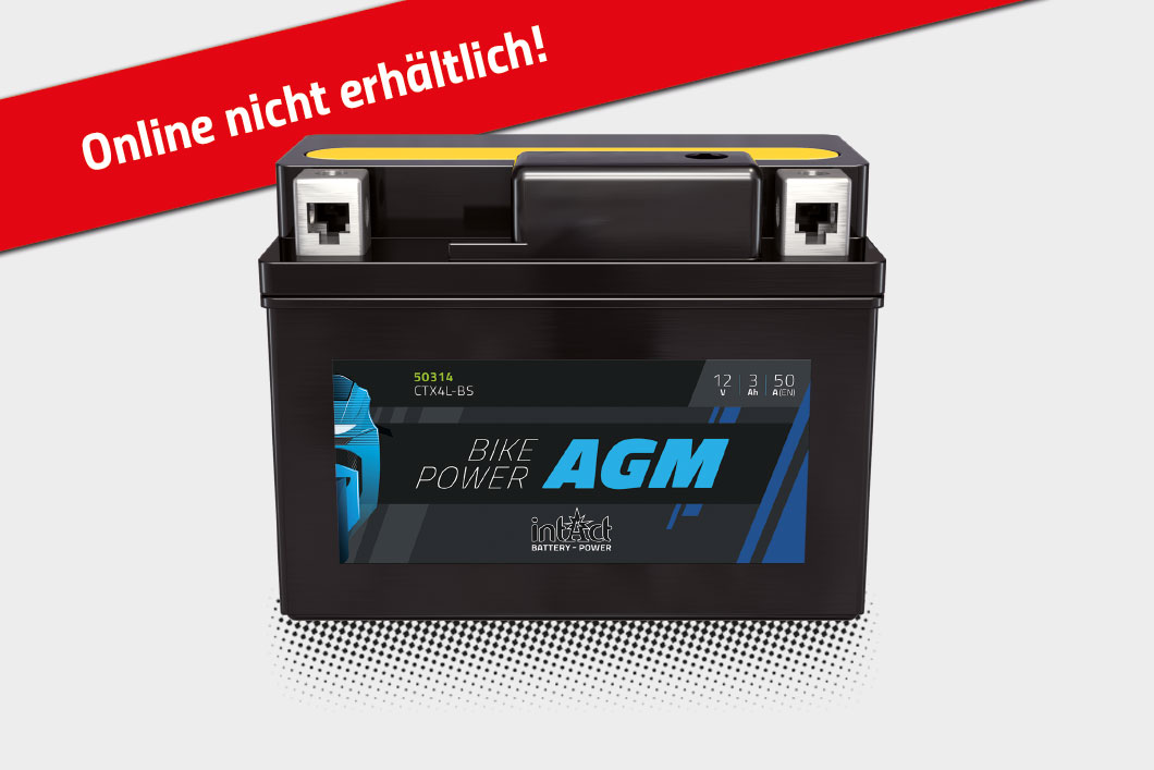 Das Bild zeigt die intAct Bike-Power AGM Batterie auf einem grauen Hintergrund.