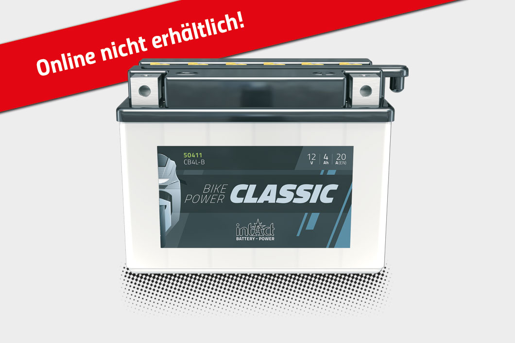 Das Bild zeigt die intAct Bike-Power Classic Batterie auf einem grauen Hintergrund.