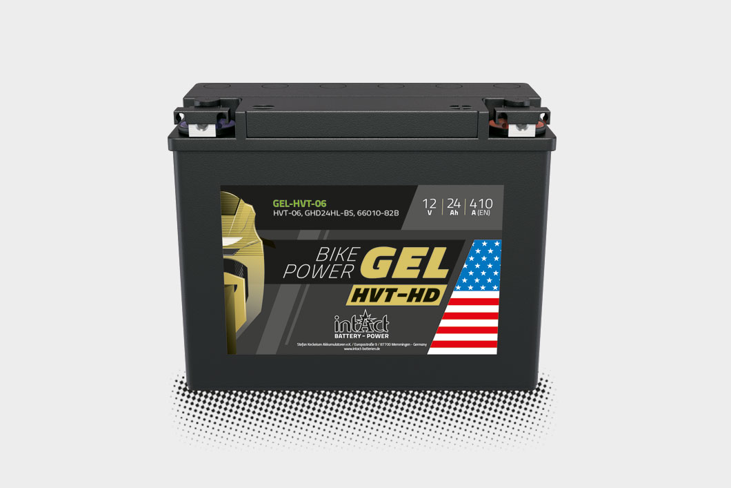 Das Bild zeigt die intAct Bike-Power GEL HVT-HD Batterie auf einem grauen Hintergrund.