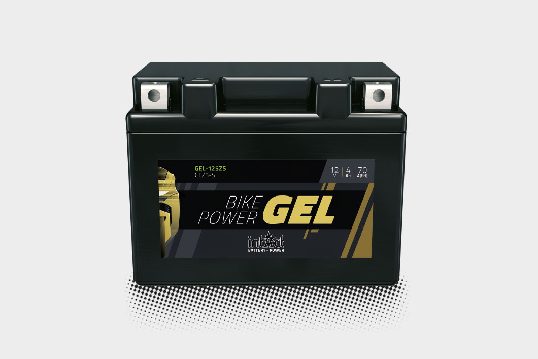 Das Bild zeigt die intAct Bike-Power GEL Batterie auf einem grauen Hintergrund.