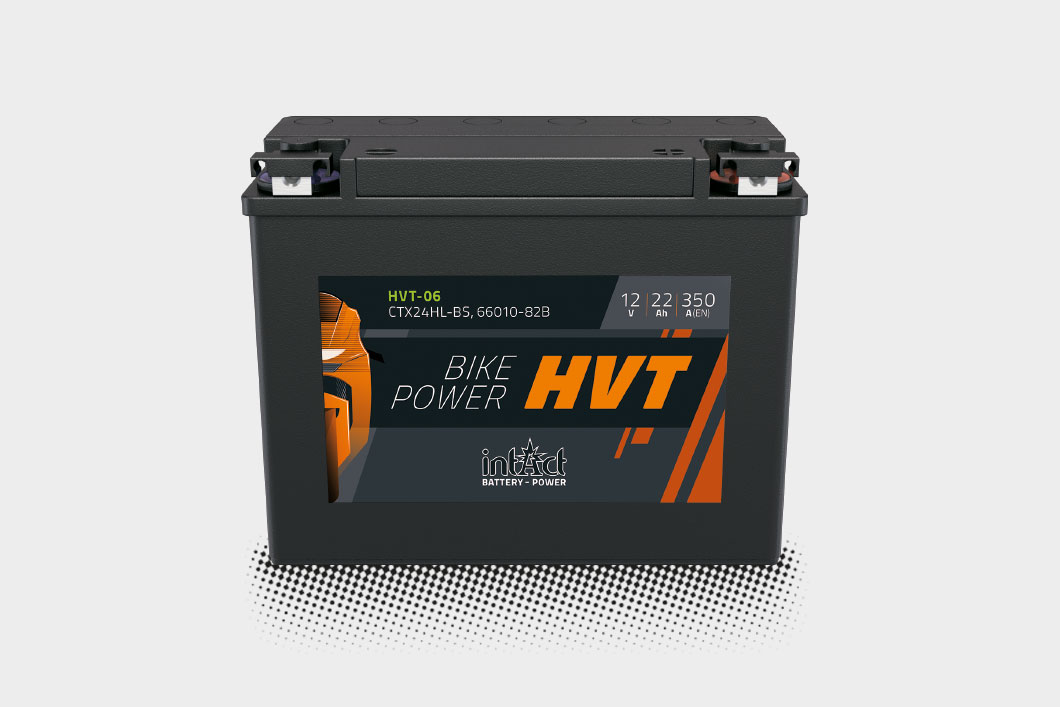 Das Bild zeigt die intAct Bike-Power HVT Batterie auf einem grauen Hintergrund.