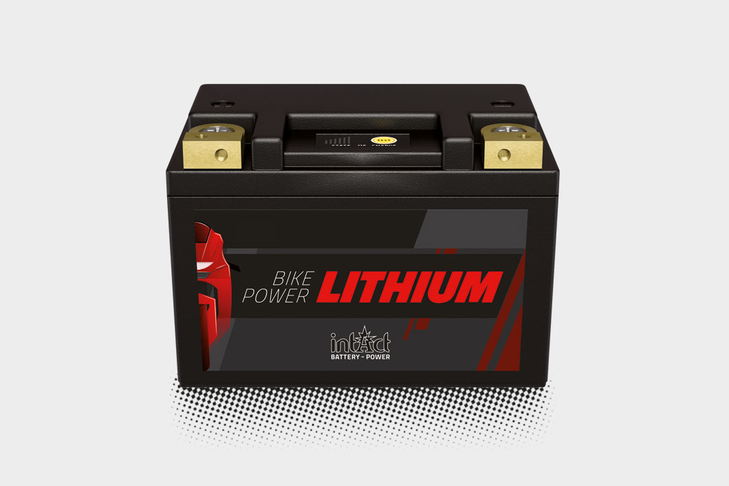 Das Bild zeigt die intAct Bike-Power Lithium Batterie auf einem grauen Hintergrund.