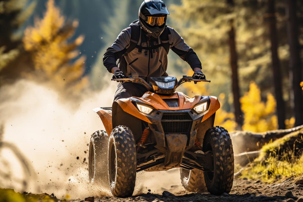 Das Bild zeigt einen Mann auf einem gelben Quad, welcher rasant durch den Wald fährt.