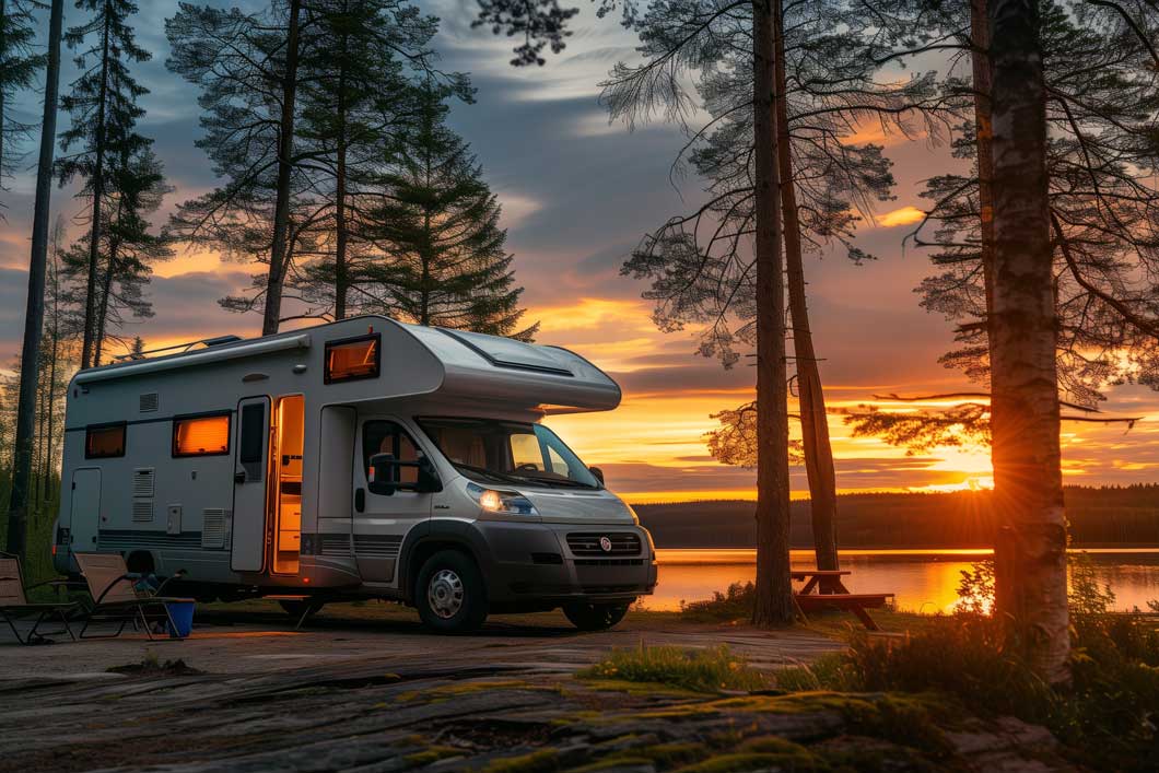 Teaserbild – Einsatzgebiet für Wohnmobil-Versorgungsbatterien Das Bild zeigt ein Wohnmobil bei Sonnenaufgang an einem See.